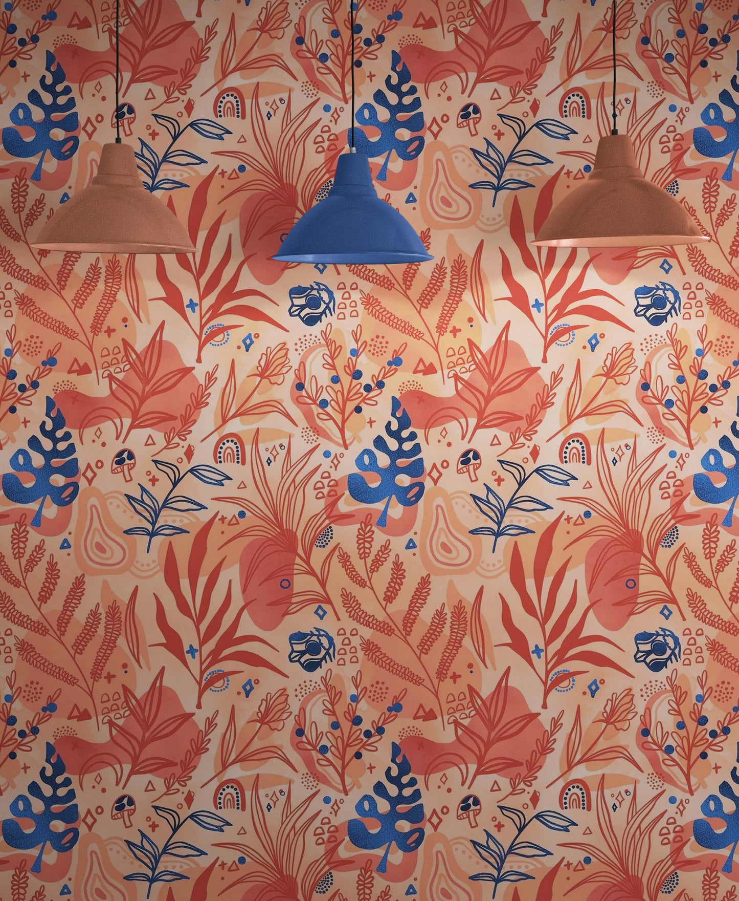 Fern Botanical Wallpaper. Colorful Orange Wall Mural. #6558