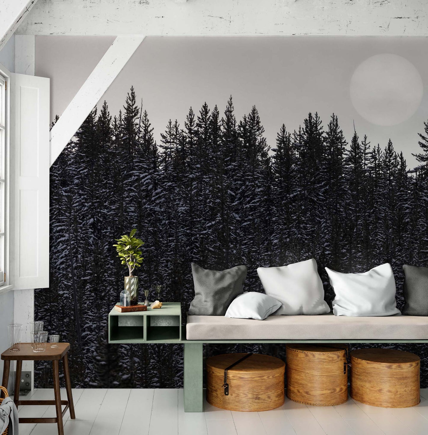 Foggy Forest Wall Mural. Peel and Stick Wallpaper. Monotone Grey Nature Wallpaper. Rain Forest Wall Mural. #6560