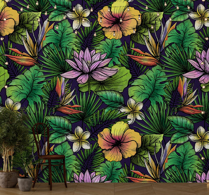 Tropical Flower Wallpaper Peel and Stick Colorful Wildflower Mural. Green Flowers and Palm Tree Leaves Design. #6569