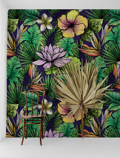 Tropical Flower Wallpaper Peel and Stick Colorful Wildflower Mural. Green Flowers and Palm Tree Leaves Design. #6569
