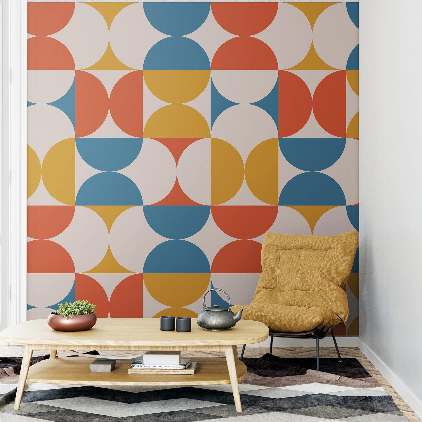 Retro Circle Geometric Wallpaper Peel and Stick Mural. Groovy Shape Patterns Mid Century Modern Retro Design. #6578