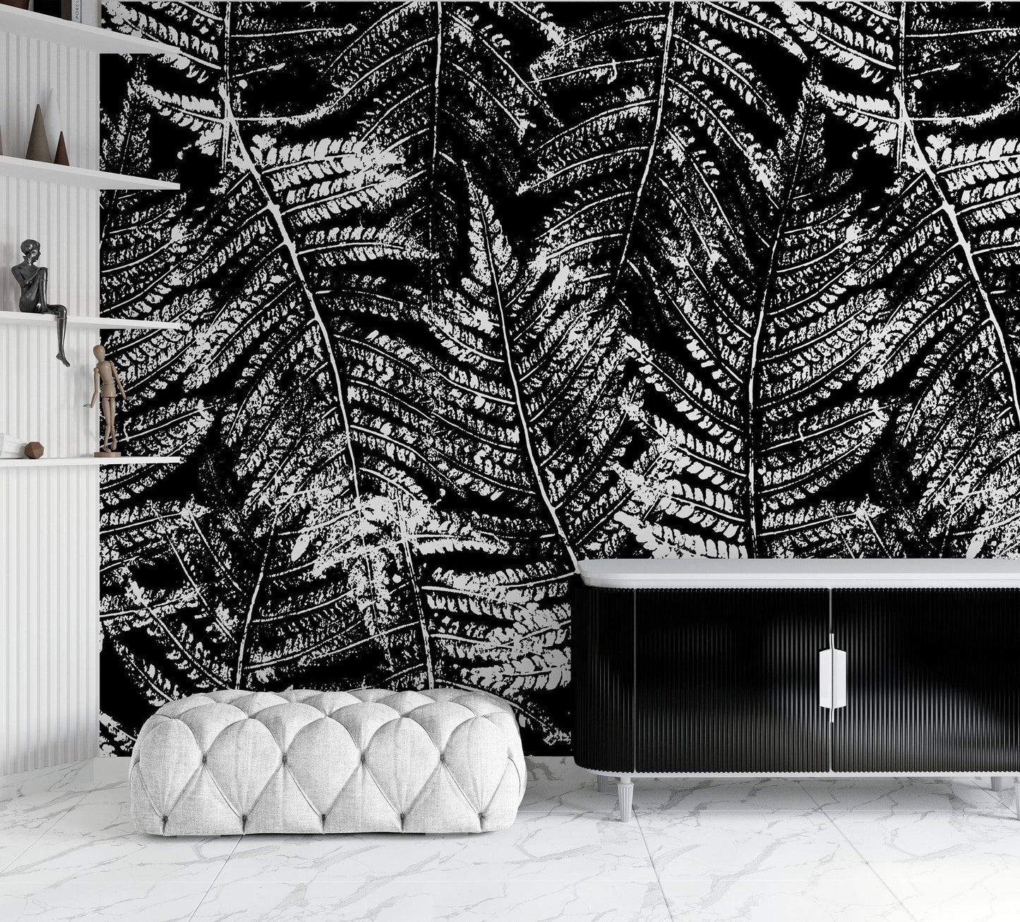 Black and White Fern Botanical Wallpaper. Peel and Stick Mural. #6579