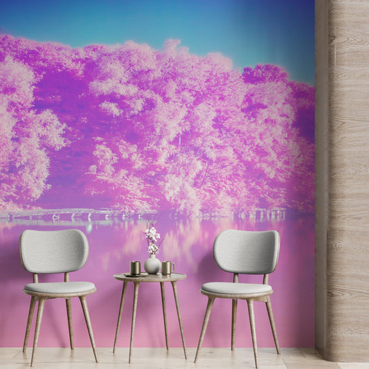 Tranquil Park Scene Wallpaper - Pink Pastel with Trees and Lake Wall Mural #6601