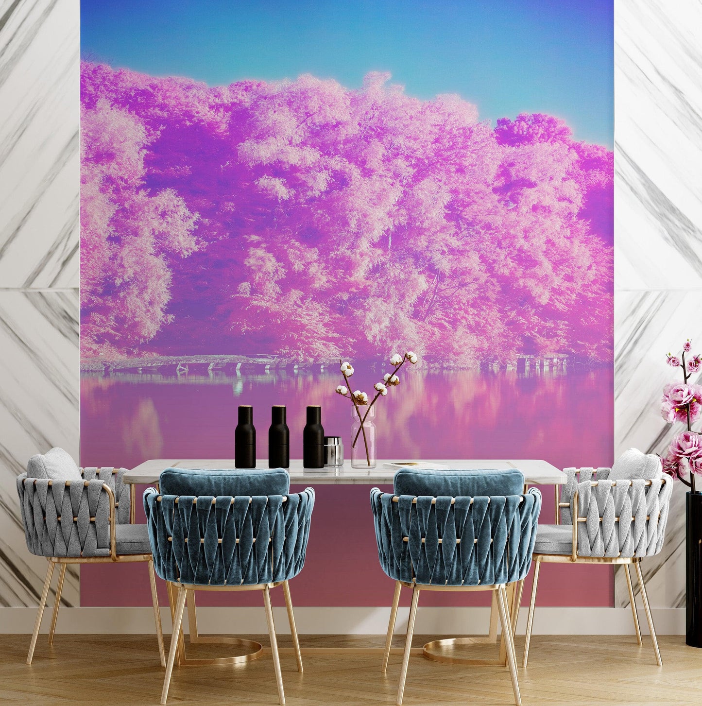 Tranquil Park Scene Wallpaper - Pink Pastel with Trees and Lake Wall Mural #6601