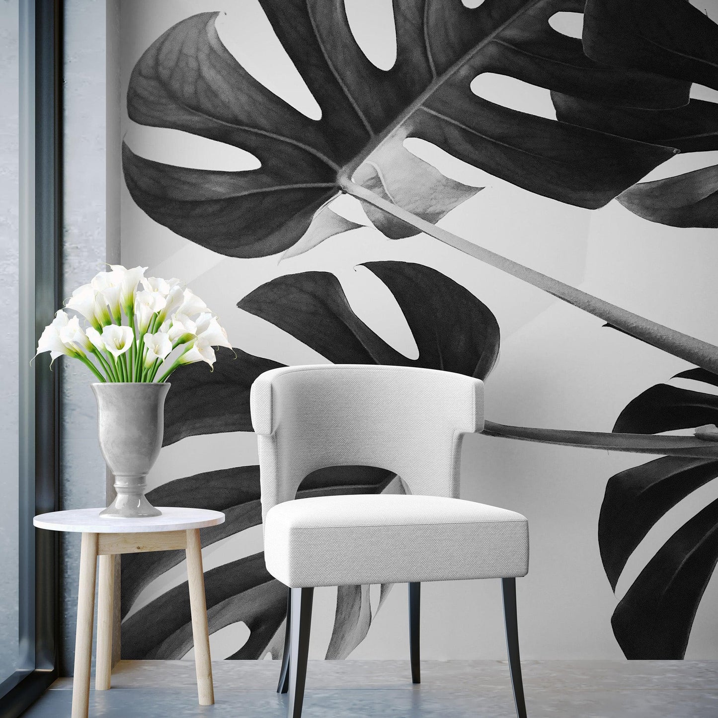 Elegant Black and White Leaves Wallpaper Mural - Serene Botanical Beauty #6606