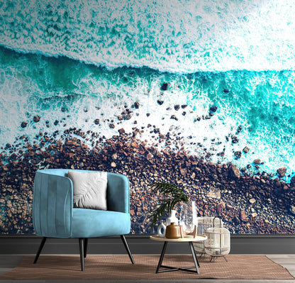 Ocean Waves over Cliff Wallpaper. Rocky Beach Wall Mural. Bright Aqua Color Beach Waves. #6624