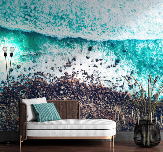 Ocean Waves over Cliff Wallpaper. Rocky Beach Wall Mural. Bright Aqua Color Beach Waves. #6624