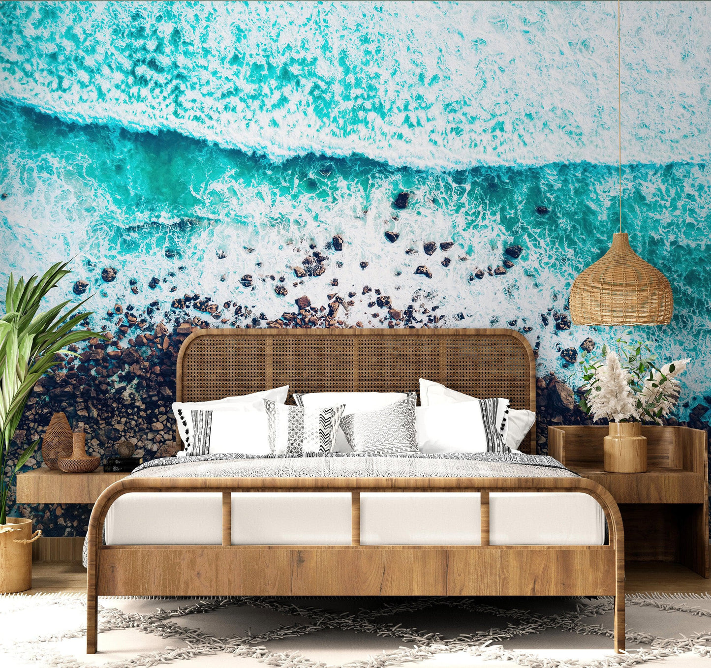 Ocean Waves over Cliff Wallpaper. Rocky Beach Wall Mural. Bright Aqua Color Beach Waves. #6624