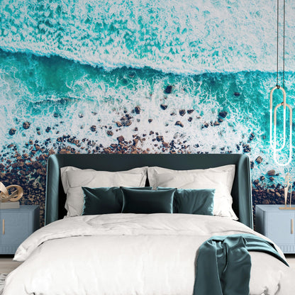 Ocean Waves over Cliff Wallpaper. Rocky Beach Wall Mural. Bright Aqua Color Beach Waves. #6624