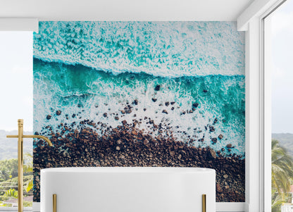 Ocean Waves over Cliff Wallpaper. Rocky Beach Wall Mural. Bright Aqua Color Beach Waves. #6624