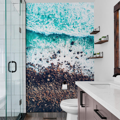 Ocean Waves over Cliff Wallpaper. Rocky Beach Wall Mural. Bright Aqua Color Beach Waves. #6624