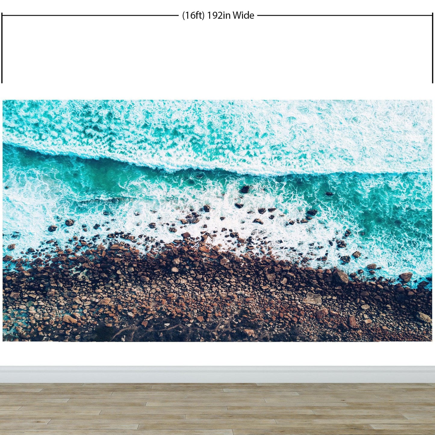 Ocean Waves over Cliff Wallpaper. Rocky Beach Wall Mural. Bright Aqua Color Beach Waves. #6624