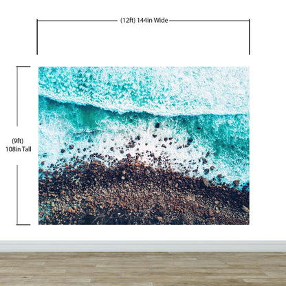 Ocean Waves over Cliff Wallpaper. Rocky Beach Wall Mural. Bright Aqua Color Beach Waves. #6624