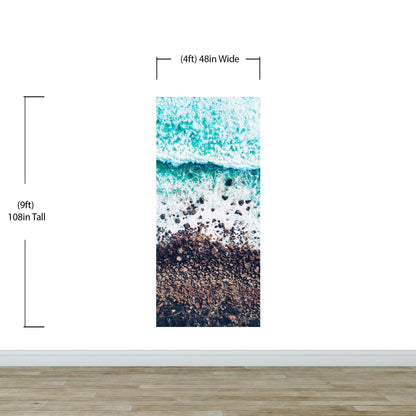 Ocean Waves over Cliff Wallpaper. Rocky Beach Wall Mural. Bright Aqua Color Beach Waves. #6624