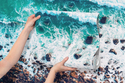 Ocean Waves over Cliff Wallpaper. Rocky Beach Wall Mural. Bright Aqua Color Beach Waves. #6624