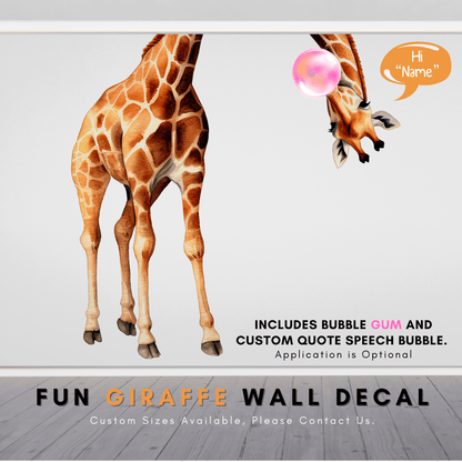 Playful Upside Down Neck Giraffe Wall Decal with Custom Speech Bubble.  #6632