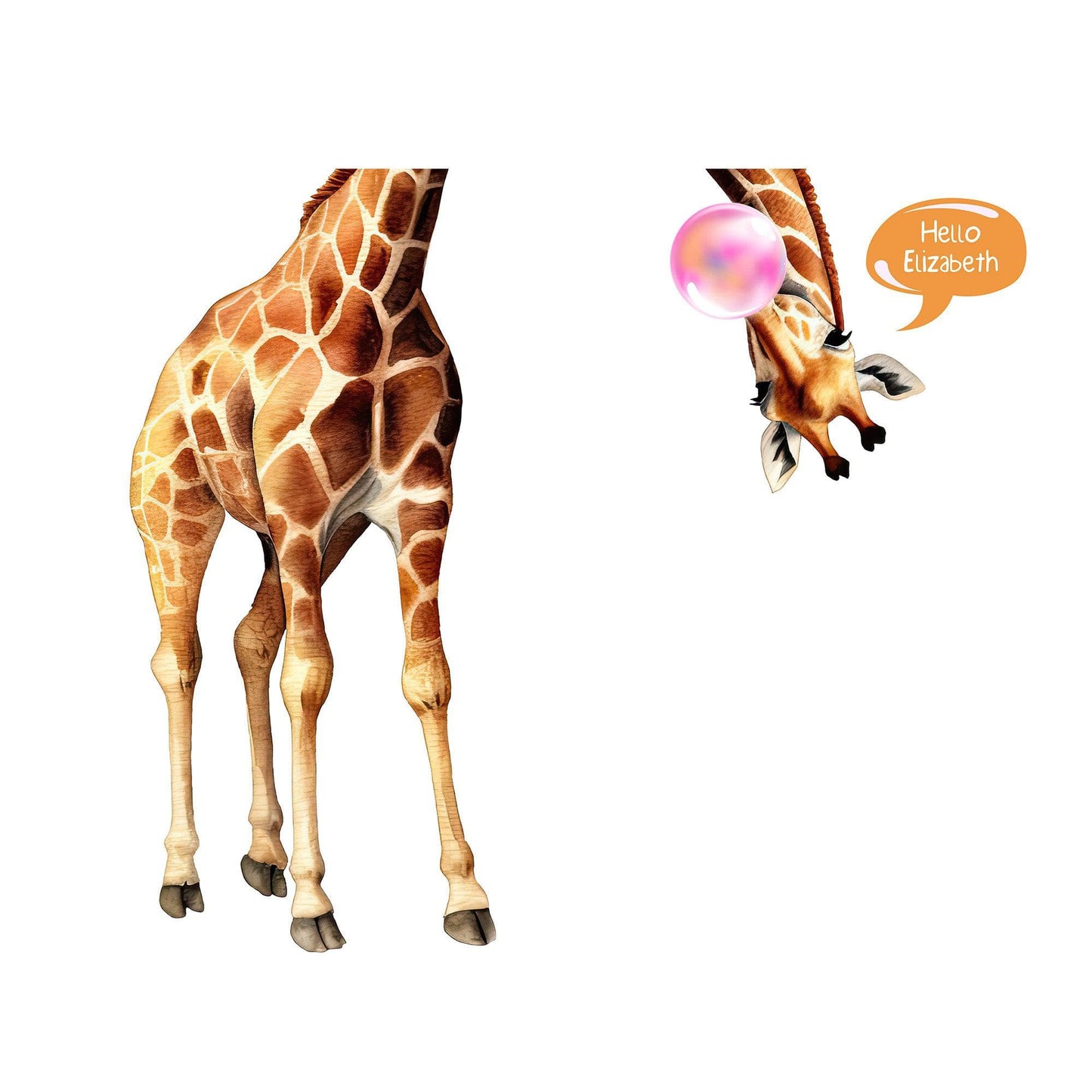 Playful Upside Down Neck Giraffe Wall Decal with Custom Speech Bubble.  #6632