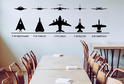 F-117, F-14, F-16, C-17, A-10 Military Fighter Jets Wall Decal Stickers. #6644