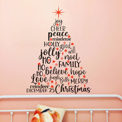 Christmas Tree Wall Decal Sticker. Joy, Cheer, Peace, Mistletoe, Family Quote Wall Sticker.  #6645