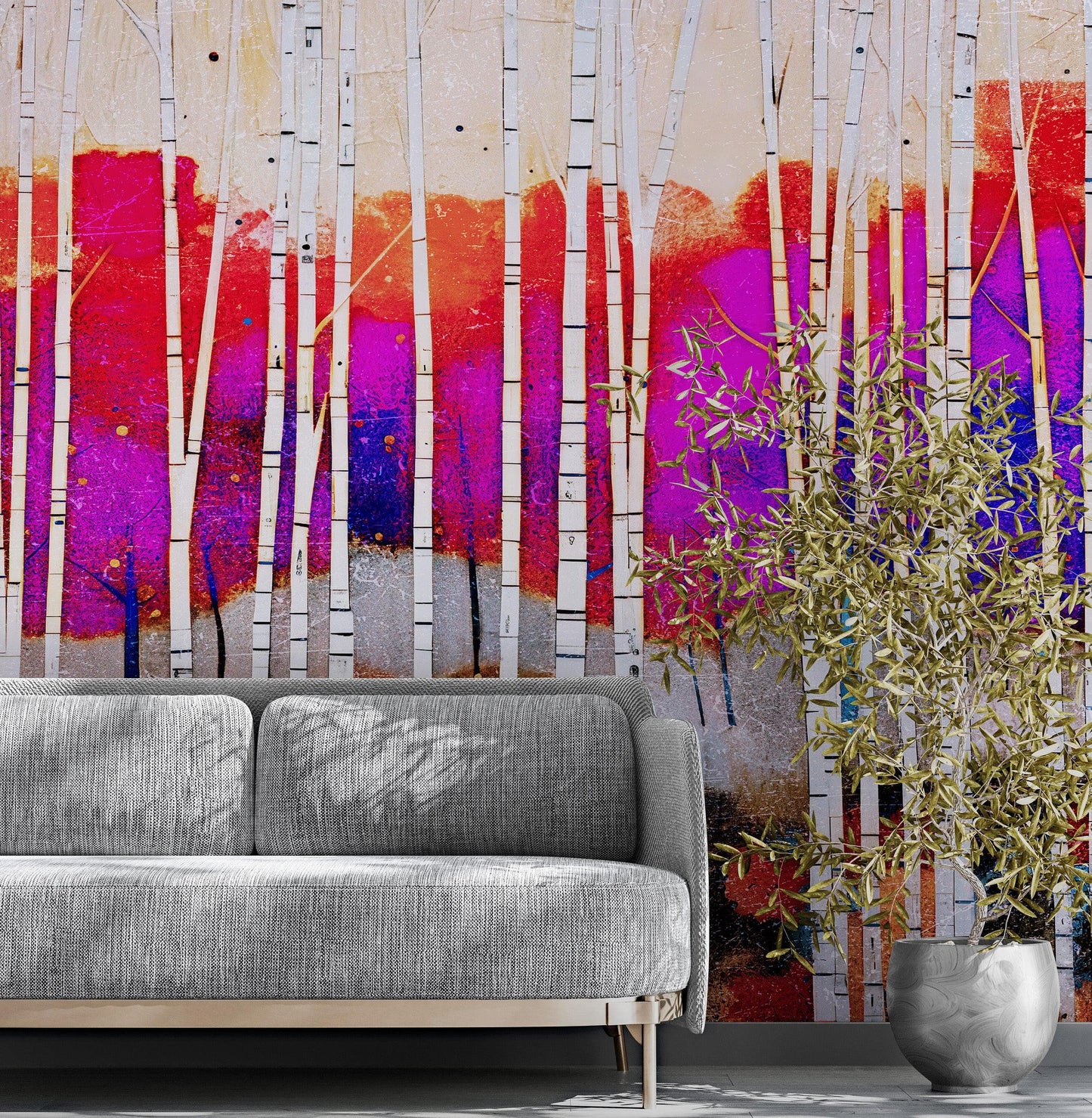 Colorful Vibrant Birch Tree Forest Wallpaper. #6649
