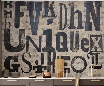 Vintage Ink Typographic Wall Mural – Modern Elegance for Your Space #6650