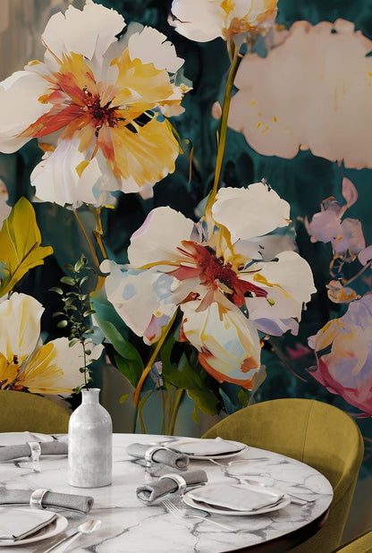 Flower Blossoms Wallpaper. Floral Oil Painting Peel and Stick Wall Mural. #6664