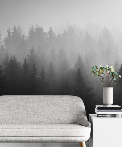 Black and White Misty Pine Forest Wallpaper. #6673