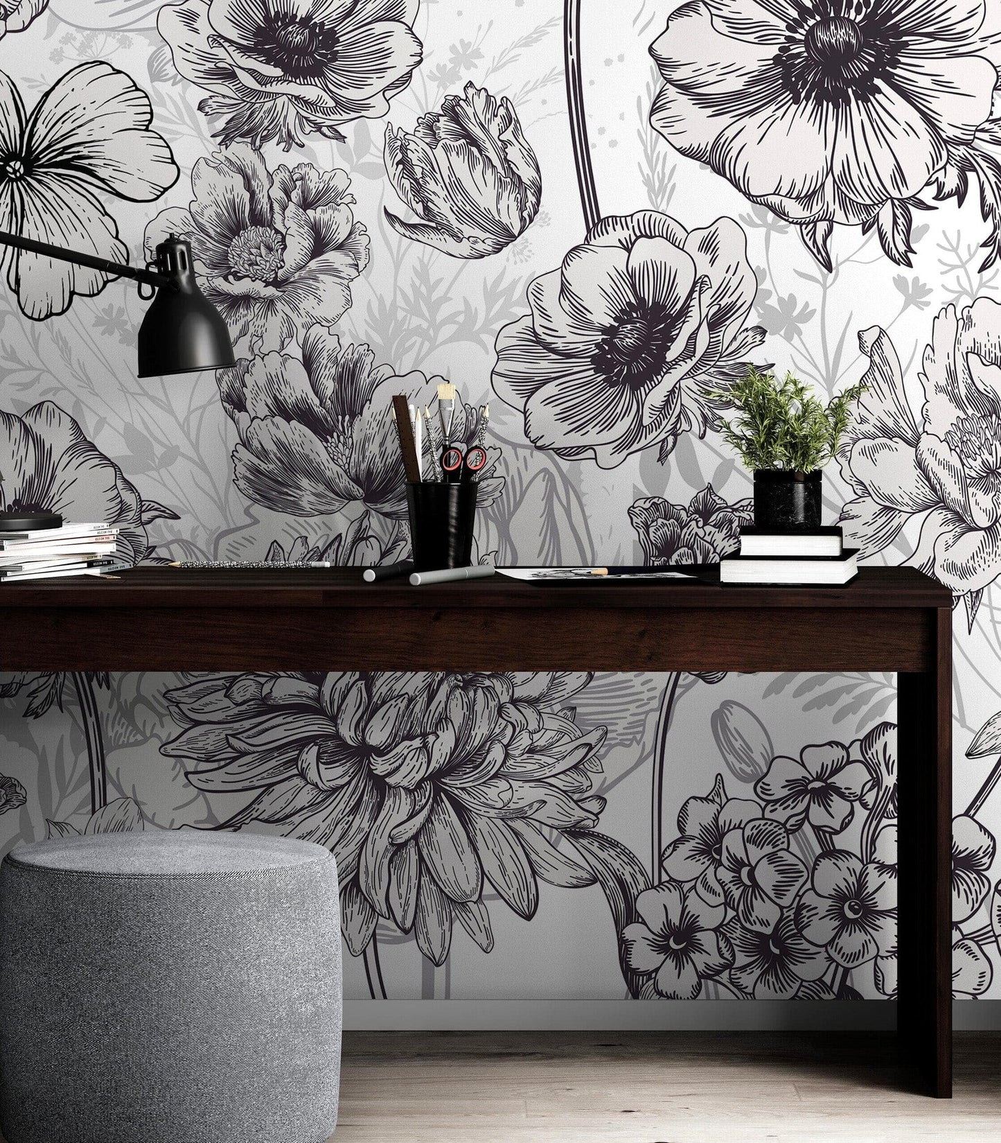 Black and White Flower Wallpaper Mural. #6676