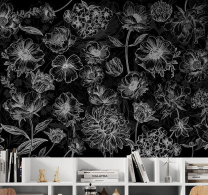 Black Floral Background, Black and White Flower Wallpaper Mural. #6677