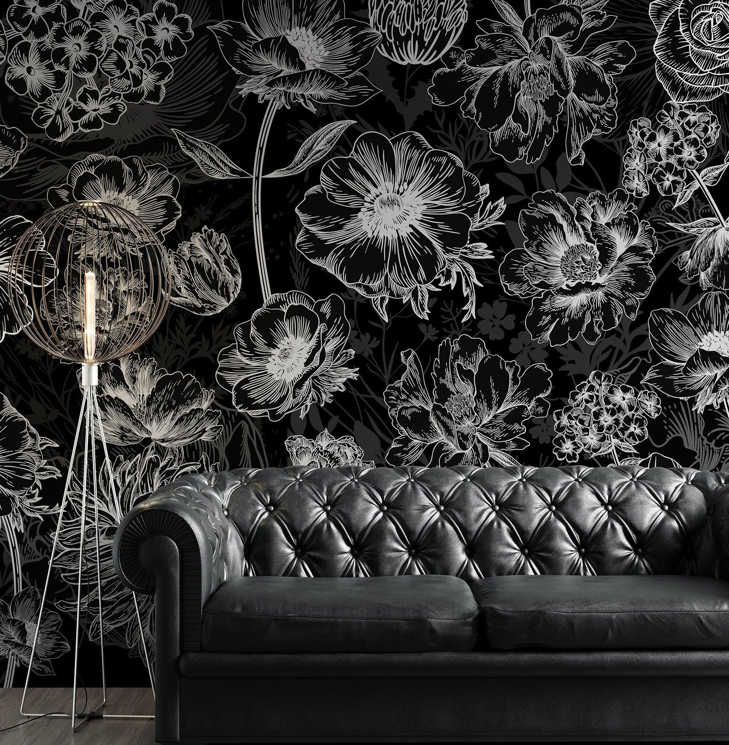 Black Floral Background, Black and White Flower Wallpaper Mural. #6677