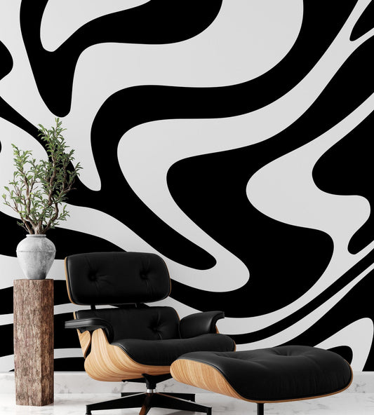 Black Swirly Line Wallpaper. Contemporary Art Decor. Modern Aesthetic. #6679