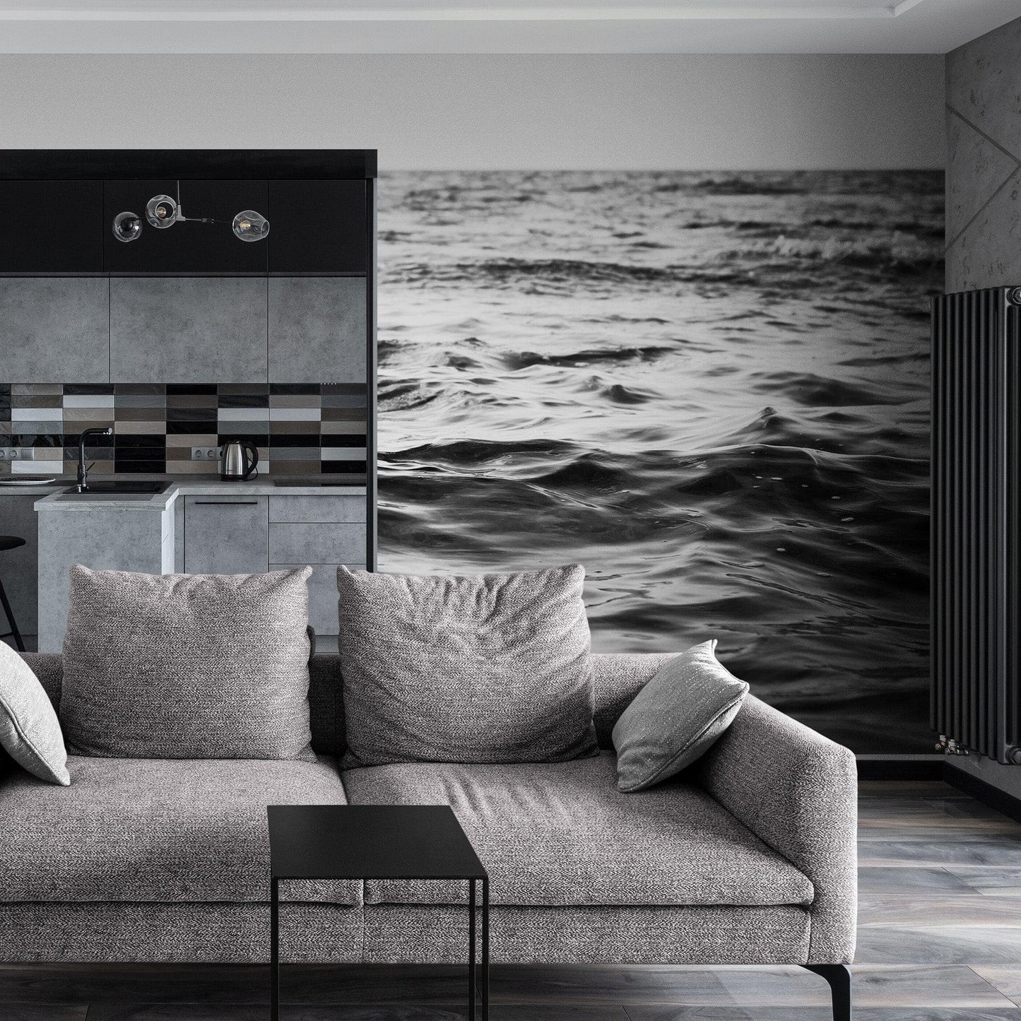 Black and White Ocean Wave Wallpaper. Peel and Stick Wall Mural. #6691