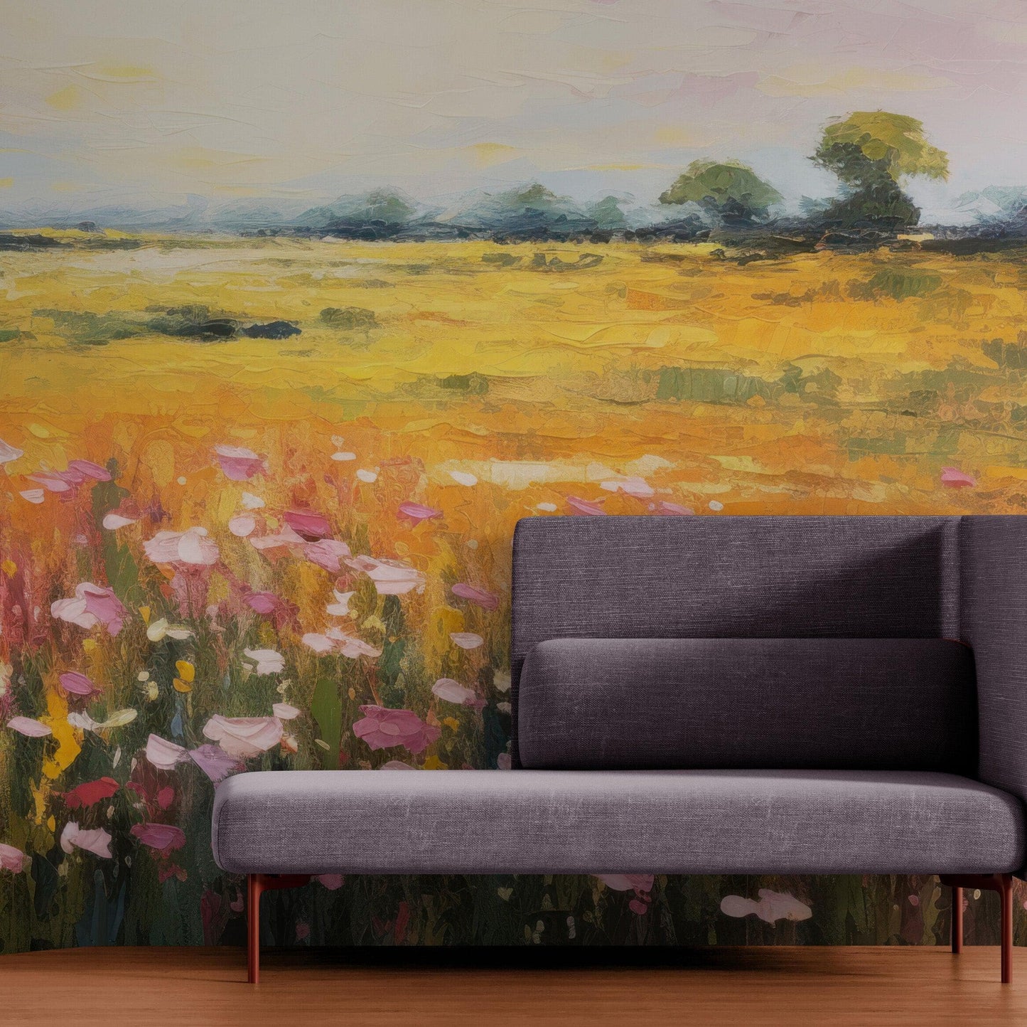 Colorful Yellow Flower Field Painting Wallpaper Mural. #6692