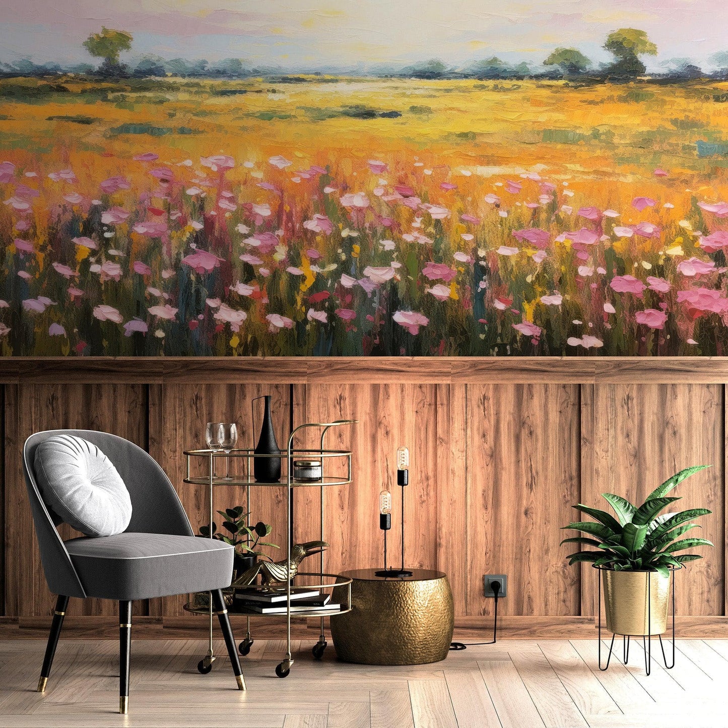 Colorful Yellow Flower Field Painting Wallpaper Mural. #6692