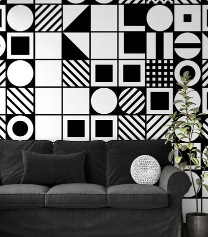 Black and White Geometric Shapes Wallpaper Mural Wall Art. #6710