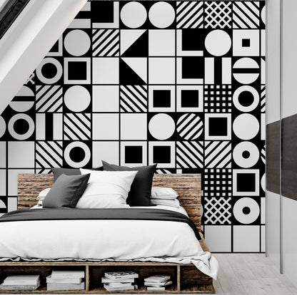 Black and White Geometric Shapes Wallpaper Mural Wall Art. #6710