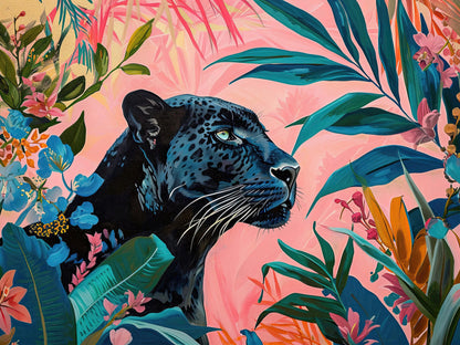 Black Panther in Pink Tropical Forest Wall Mural. Fashionable Botanical Chic Decor. #6822