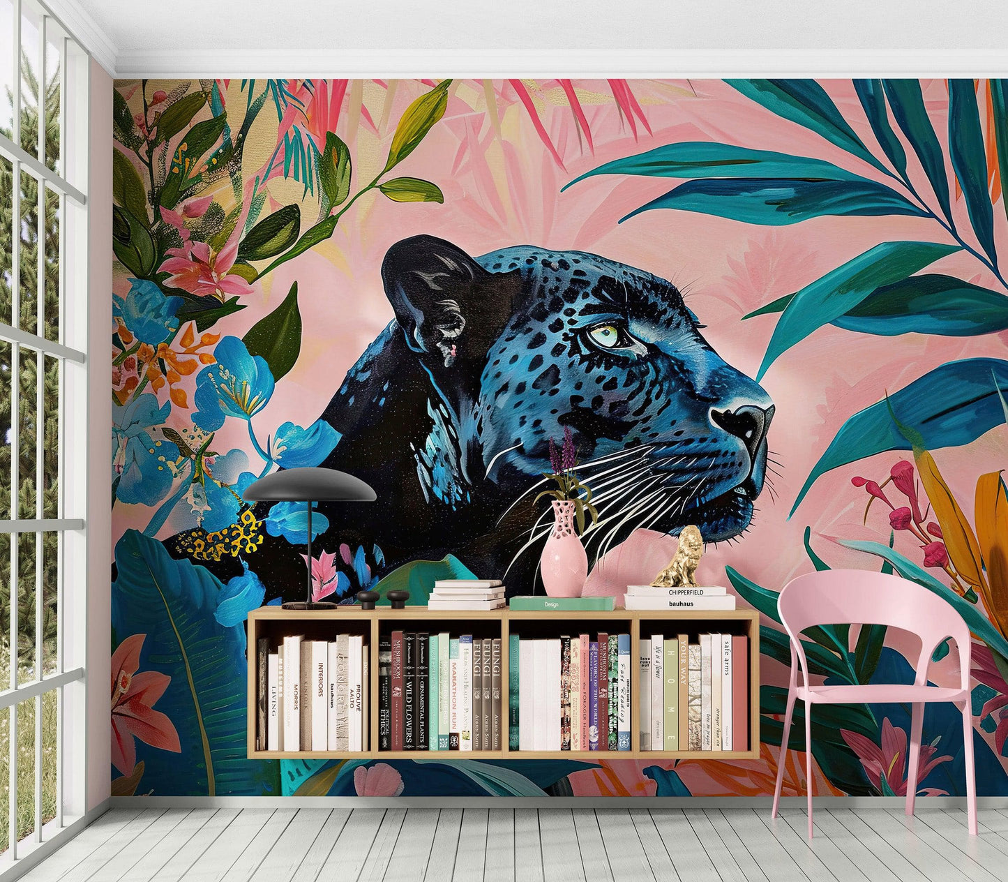 Black Panther in Pink Tropical Forest Wall Mural. Fashionable Botanical Chic Decor. #6822