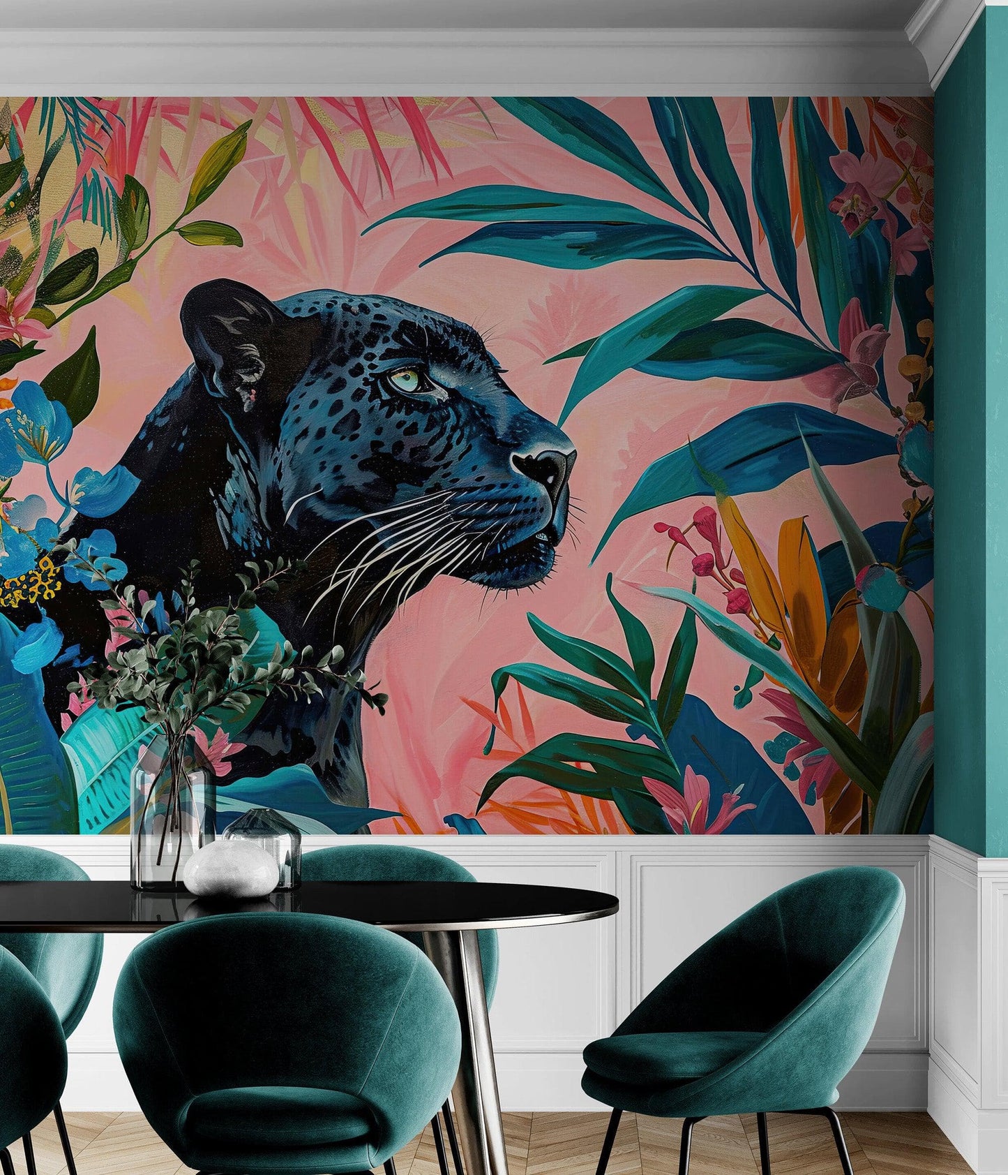 Black Panther in Pink Tropical Forest Wall Mural. Fashionable Botanical Chic Decor. #6822