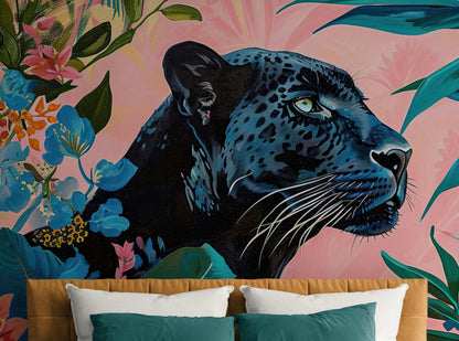 Black Panther in Pink Tropical Forest Wall Mural. Fashionable Botanical Chic Decor. #6822