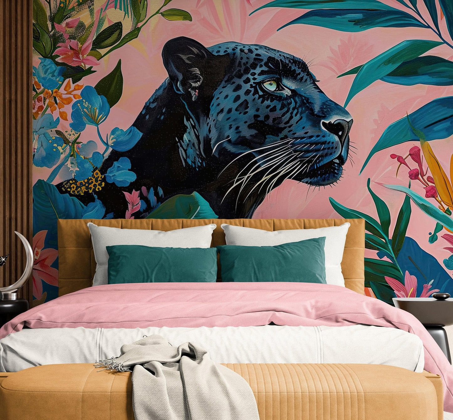 Black Panther in Pink Tropical Forest Wall Mural. Fashionable Botanical Chic Decor. #6822