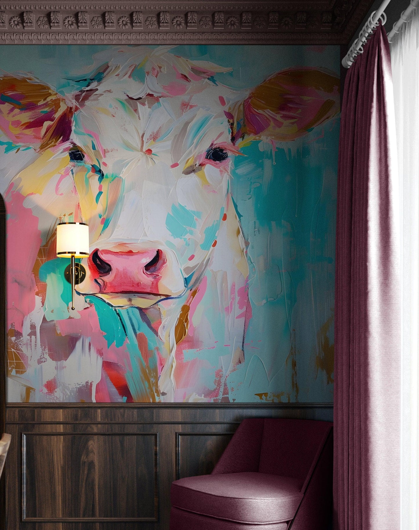 Rustic Colorful Cow Wall Mural Wallpaper. #6823