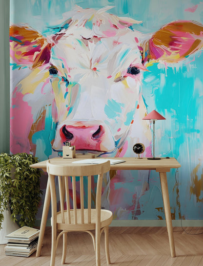 Rustic Colorful Cow Wall Mural Wallpaper. #6823