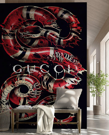 Gucci Inspired Snake Over Black Background Wallpaper Mural #6825