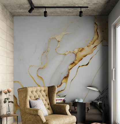 Gold Ink Splash on White Marble Slate Wall Mural Wallpaper #6840