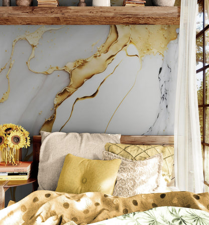 Gold Ink Splash on White Marble Slate Wall Mural Wallpaper #6840