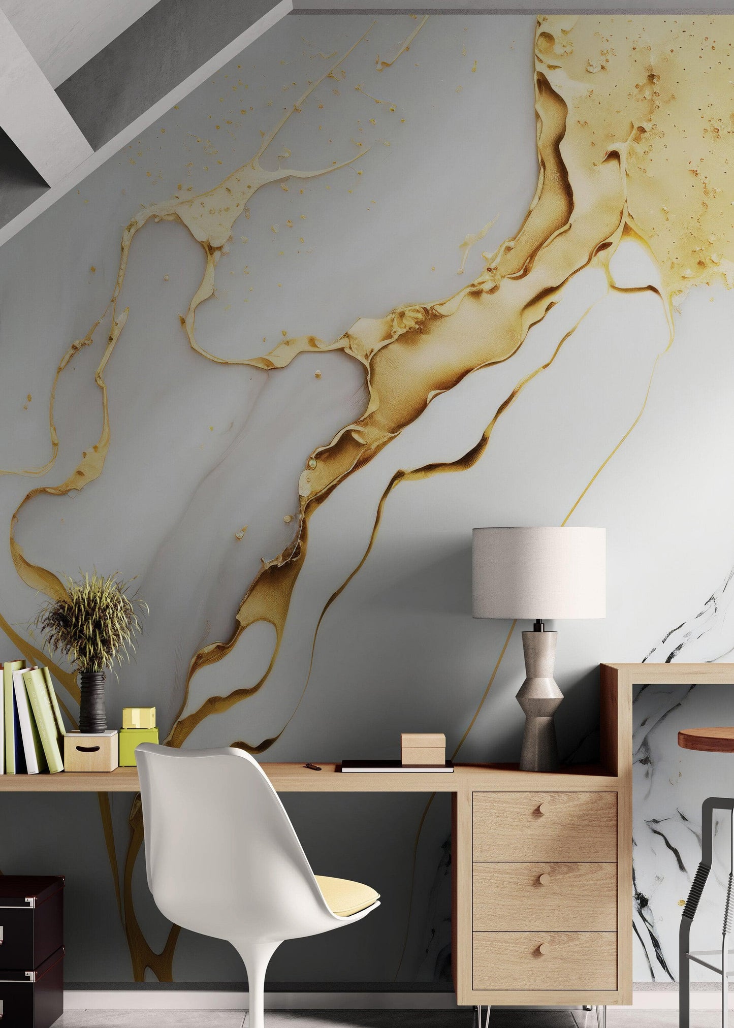 Gold Ink Splash on White Marble Slate Wall Mural Wallpaper #6840