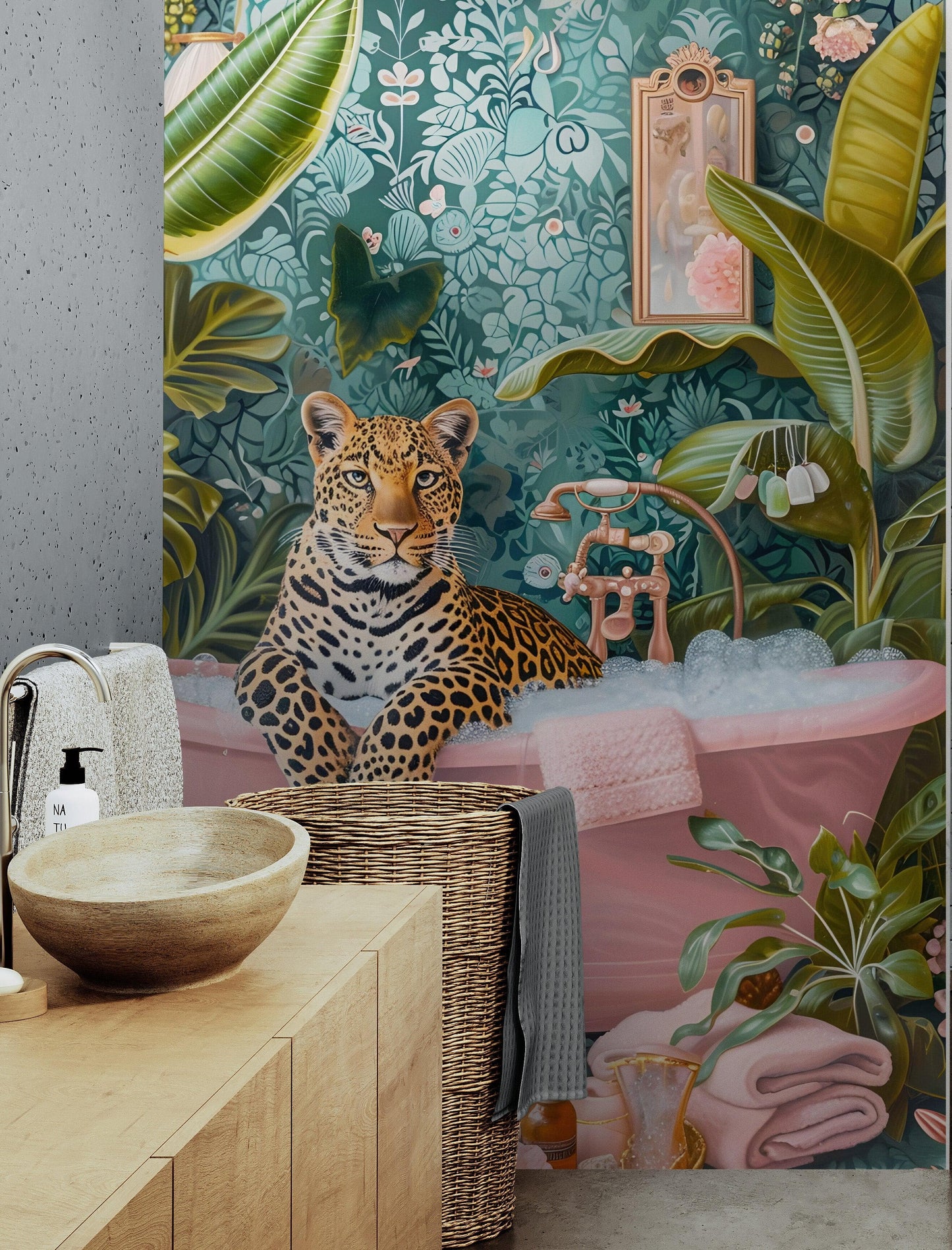 Leopard in Pink Bathtub. Stylish Animal Chic Print Wallpaper. #6852