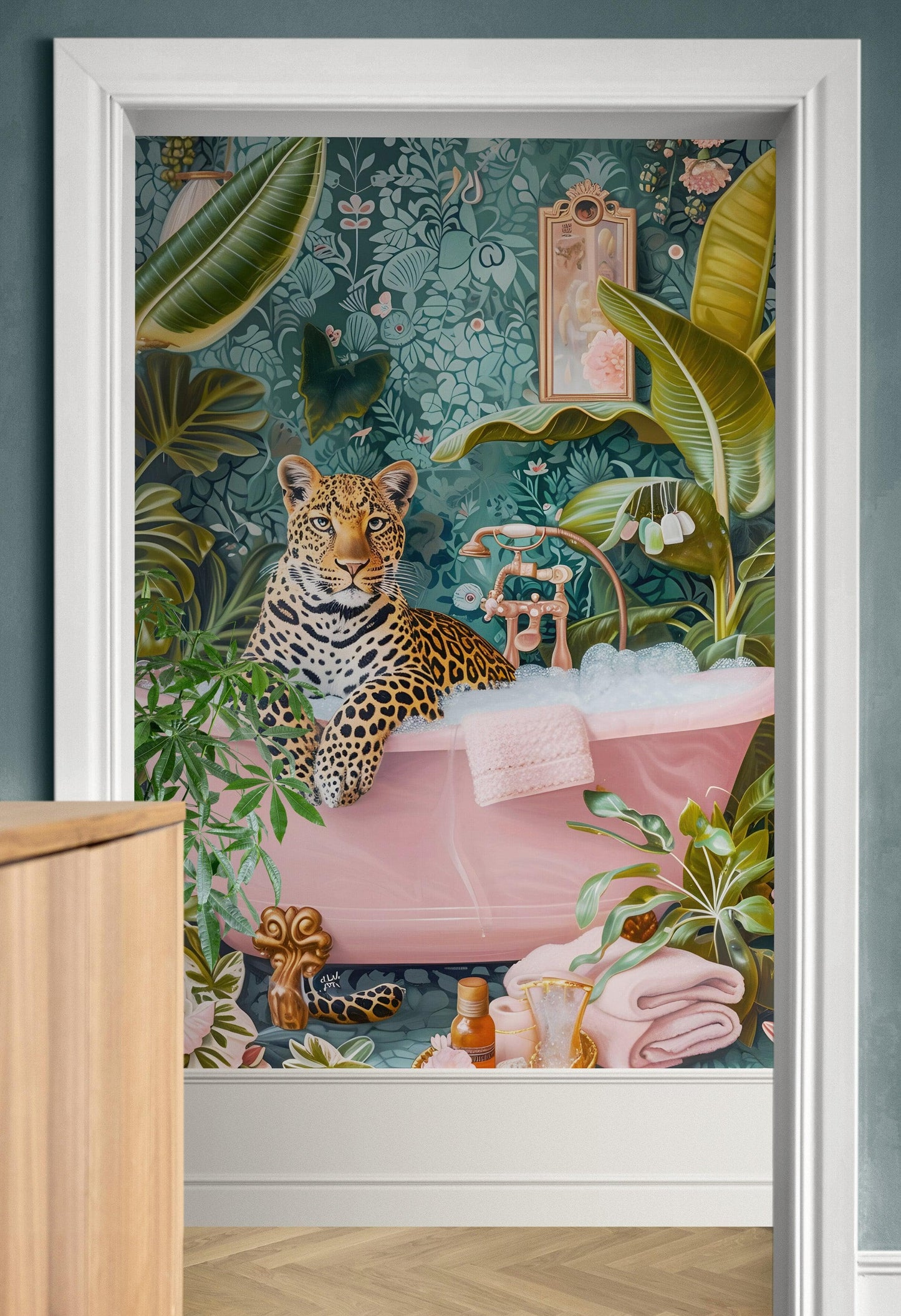 Leopard in Pink Bathtub. Stylish Animal Chic Print Wallpaper. #6852