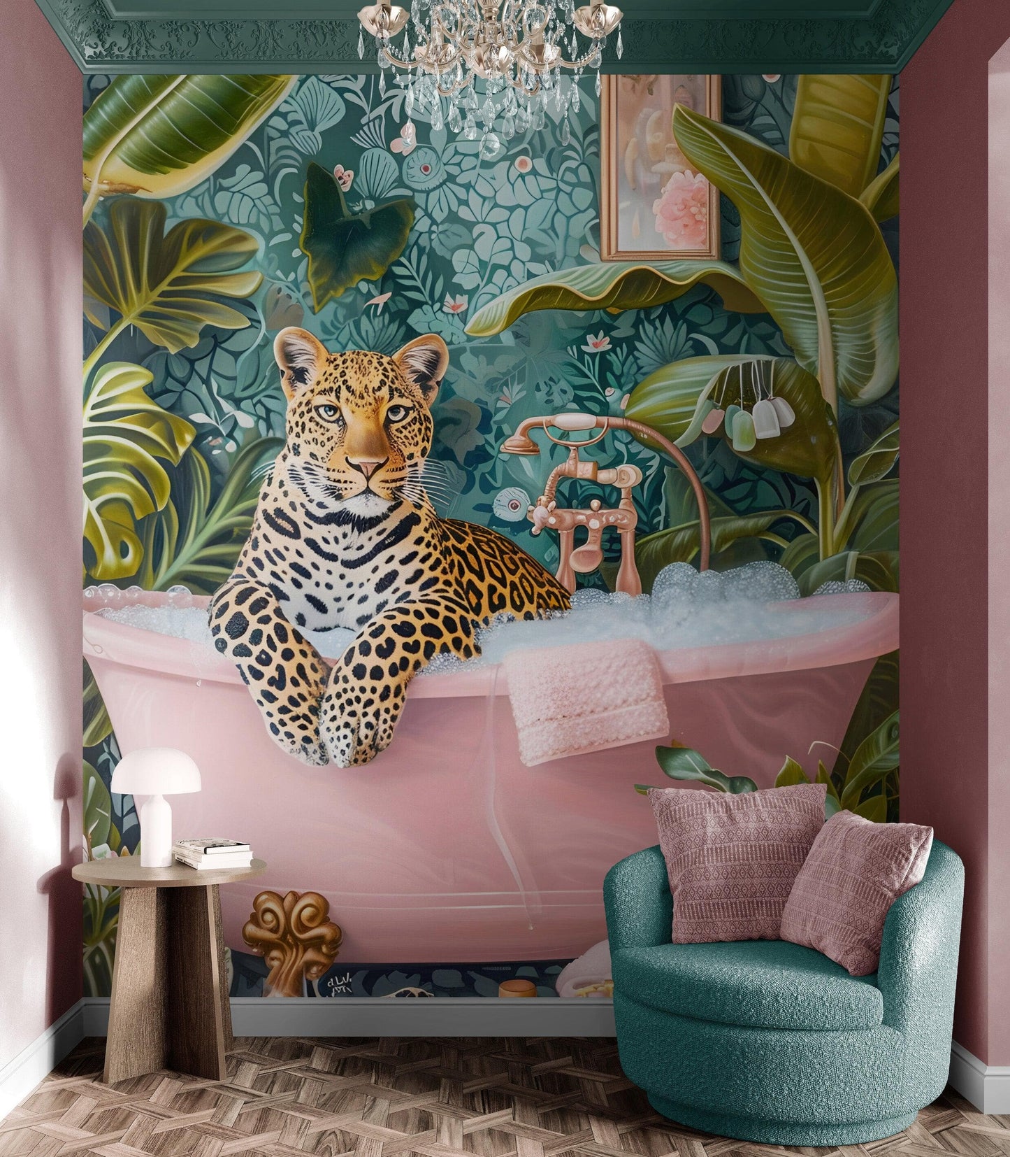 Leopard in Pink Bathtub. Stylish Animal Chic Print Wallpaper. #6852